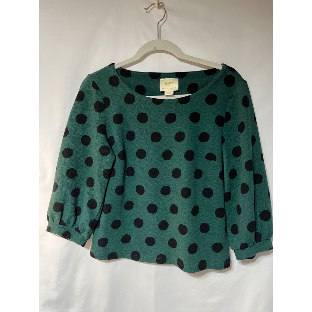 Maeve‎ Anthropologie Green Black Polka Dot 3/4 Sleeve Boat Neck Top Size Small